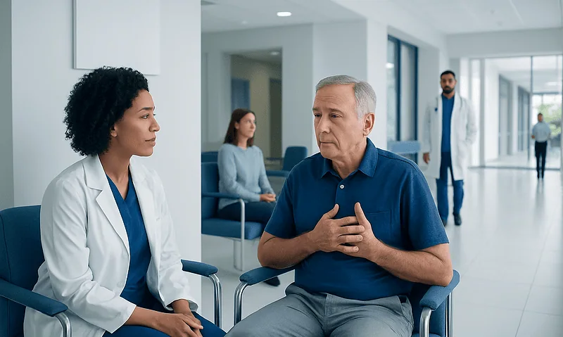 Heart Murmur: What It Means and When Tests Are Needed 6 Doctor consulting with a patient in a hospital waiting area.