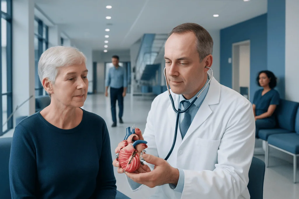 What Is a Heart Murmur? Causes and When It Needs Testing 1 Cardiologist explaining heart anatomy to an elderly woman in a hospital.