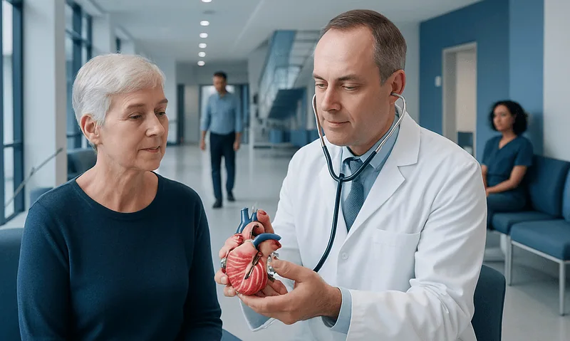 What Is a Heart Murmur? Causes and When It Needs Testing 8 Cardiologist explaining heart anatomy to an elderly woman in a hospital.