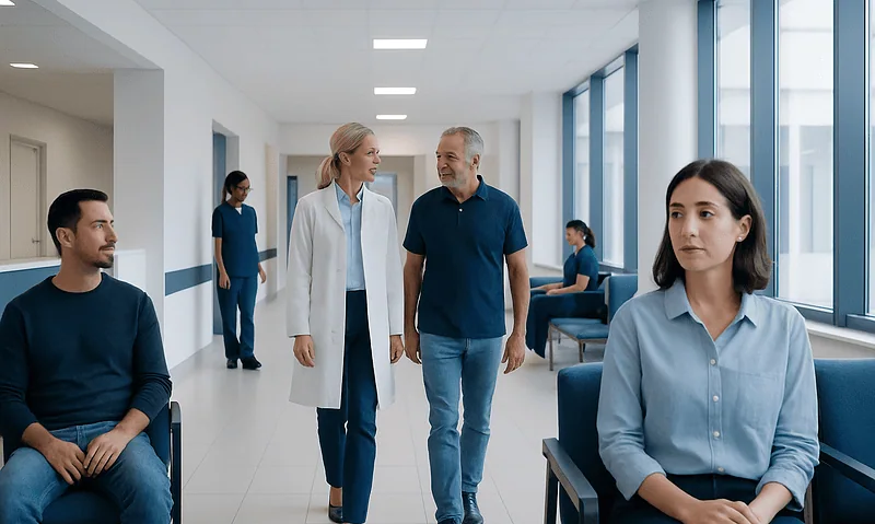 Patients and medical staff in a hospital corridor at Acibadem Hospitals Group.