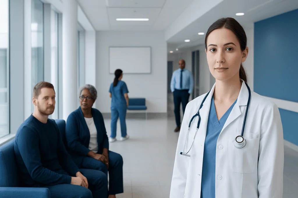 What Is a Hormone? Types, Functions, and How Hormones Affect the Body 1 Healthcare professional in a hospital waiting area with patients and staff.