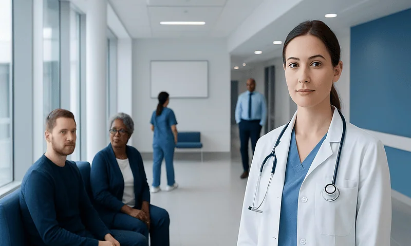 Healthcare professional in a hospital waiting area with patients and staff.