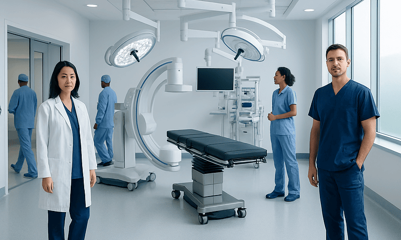 Modern hybrid operating room with medical staff and advanced surgical equipment.
