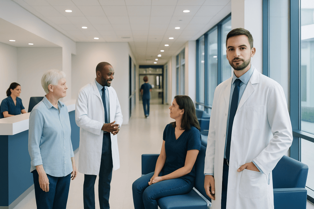 Joint Anatomy Explained: Types, Tissues, and How Movement Happens 1 Medical professionals and patient in hospital corridor at Acibadem Hospitals Group.