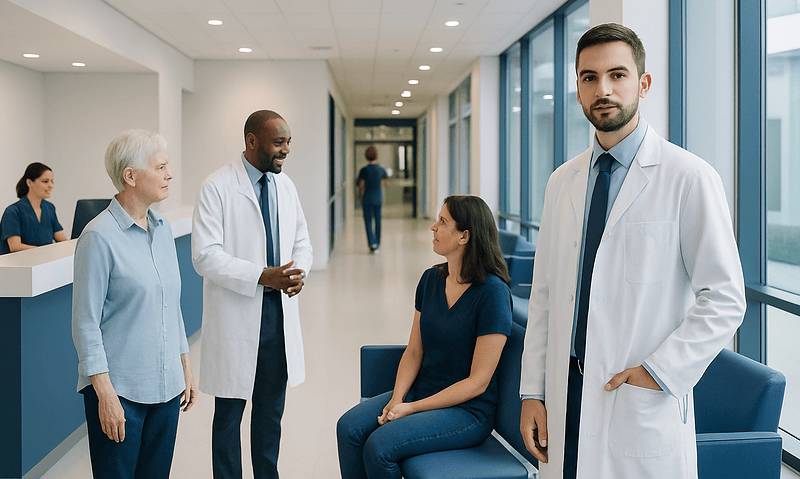 Joint Anatomy Explained: Types, Tissues, and How Movement Happens 16 Medical professionals and patient in hospital corridor at Acibadem Hospitals Group.