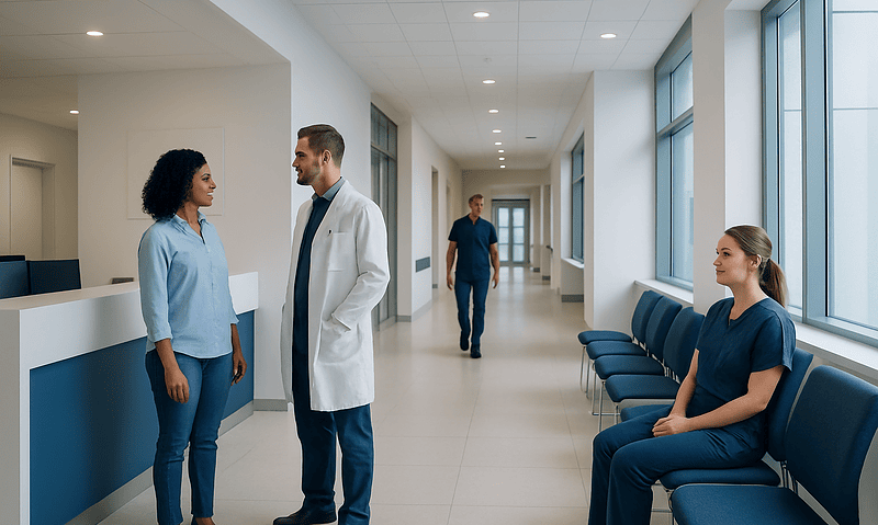 Medical professionals and patient in hospital corridor at Acibadem Hospitals Group.