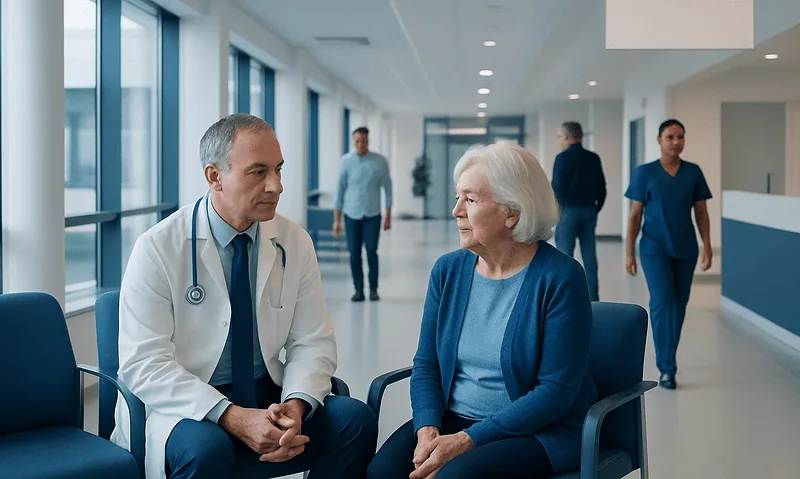 Doctor consulting with elderly patient in hospital corridor.