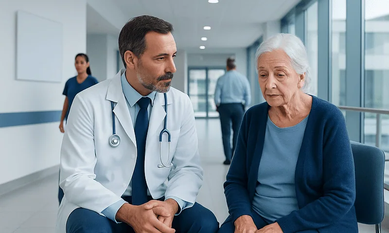 Doctor consulting with elderly woman in hospital corridor.