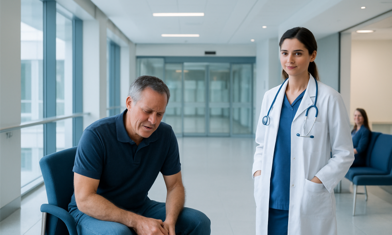 Doctor consulting with a patient in a hospital corridor.