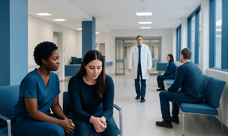 Patients waiting in a hospital corridor with medical staff nearby.