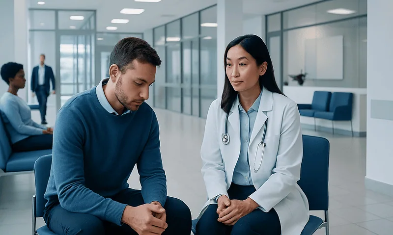 Doctor consulting with a patient in a modern hospital waiting area.