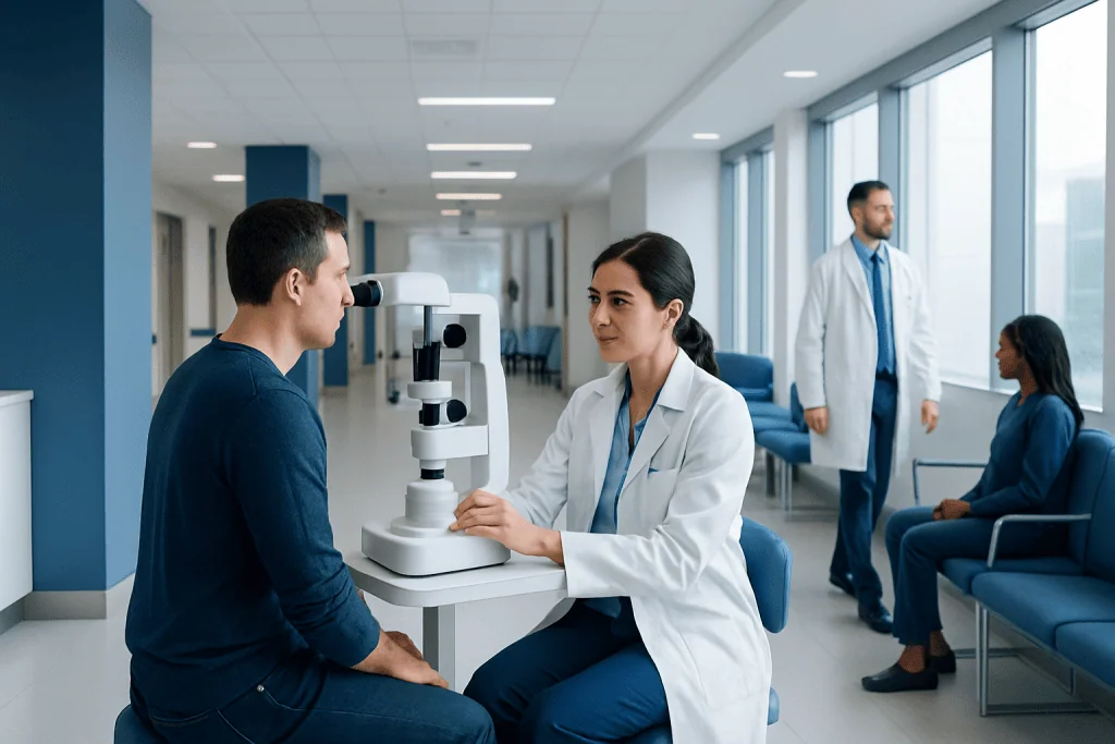 What Is a Neuro-Ophthalmology Exam? Step by Step for Patients With Vision and Nerve Symptoms 1 Optometrist performs neuro-ophthalmology exam on patient in hospital setting.