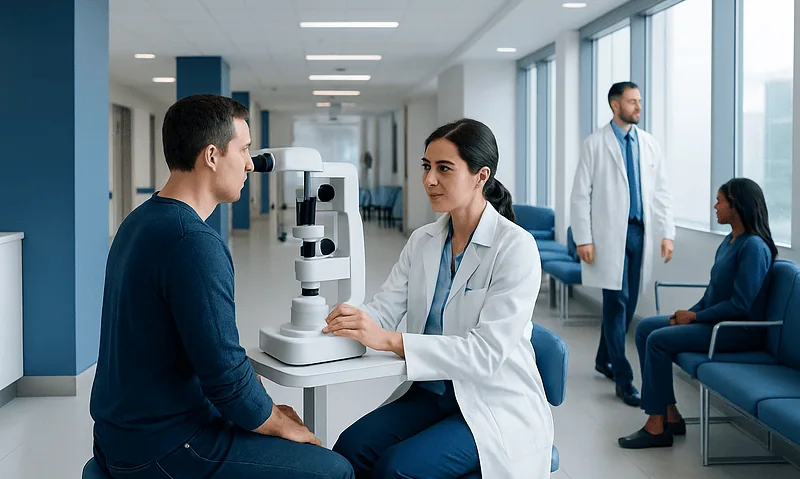 Optometrist performs neuro-ophthalmology exam on patient in hospital setting.