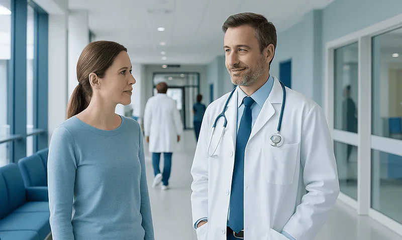 Doctor and patient having a conversation in hospital corridor.