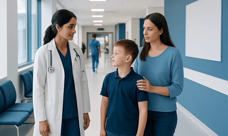 Neuropediatric Evaluation: When a Child’s Headaches, Tics, or Delays Need Specialist Care 17 Doctor talking to a young boy and his mother in a hospital corridor.