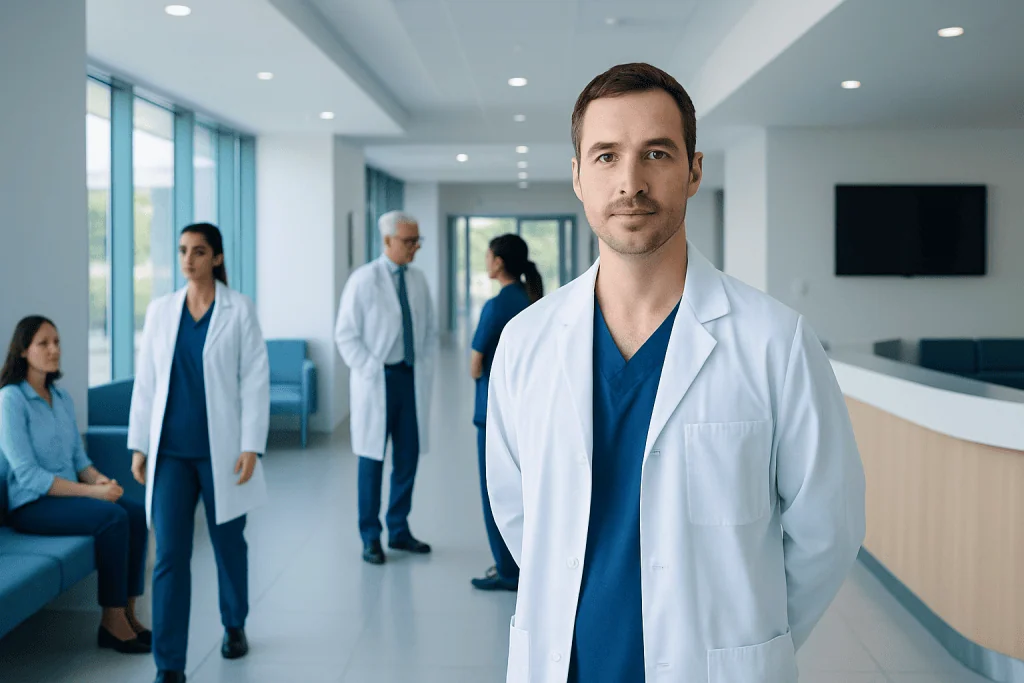 What Does a Neurophysiologist Do? Training, Expertise, and When You May Need One 1 Medical team in a modern hospital lobby with a focus on a young doctor.