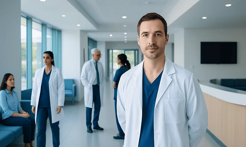 Medical team in a modern hospital lobby with a focus on a young doctor.