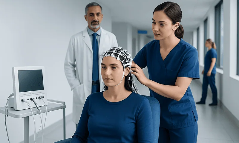 Medical professional conducts neurophysiology test on young woman patient.