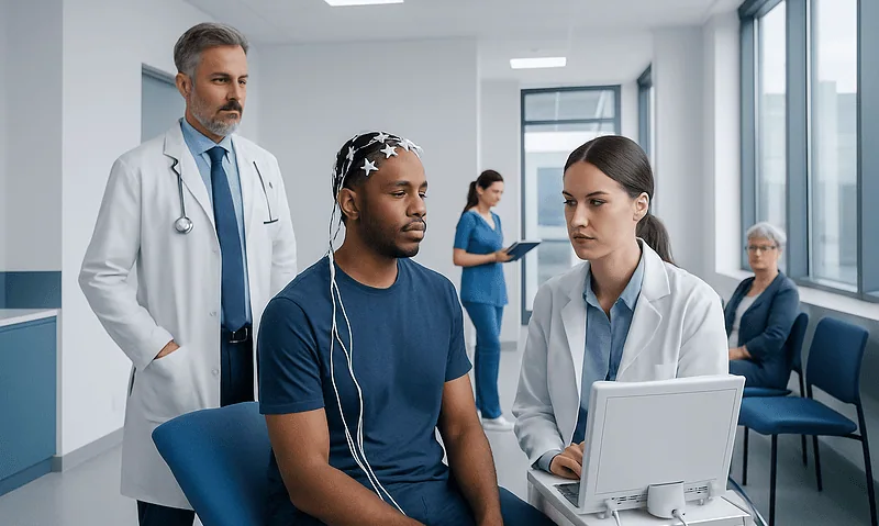 Patient undergoing neurophysiology test in a hospital setting.