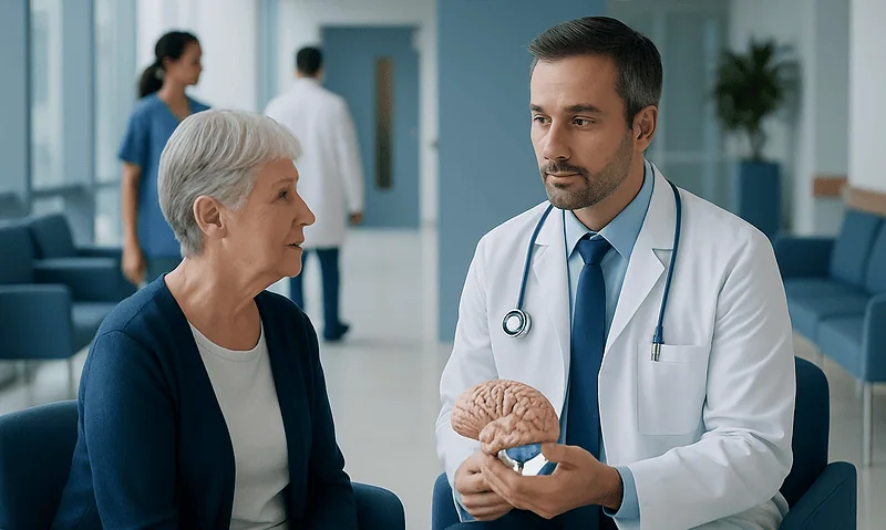 Neuropsychologist explaining brain functions to elderly patient in hospital.