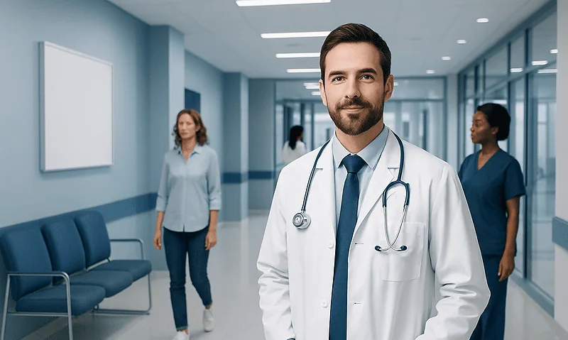 Doctor in hospital corridor with medical staff in background.