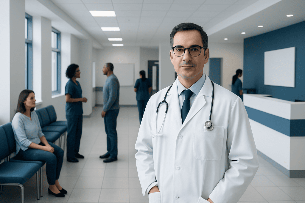 What Is a Neurosurgeon? Training, Expertise, and Conditions They Treat 1 Experienced neurosurgeon in hospital corridor with medical staff and patients.