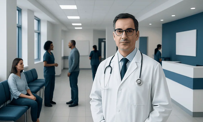 Experienced neurosurgeon in hospital corridor with medical staff and patients.