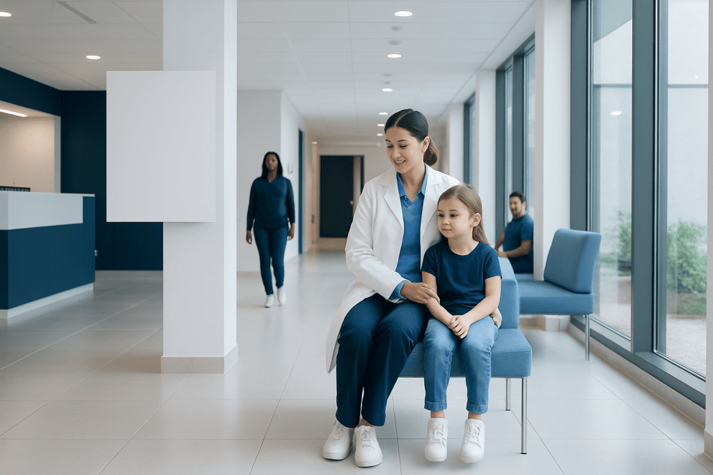 What Is a Pediatric Dentist and When Should a Child See One? 1 Pediatric dentist with young patient in modern hospital lobby.