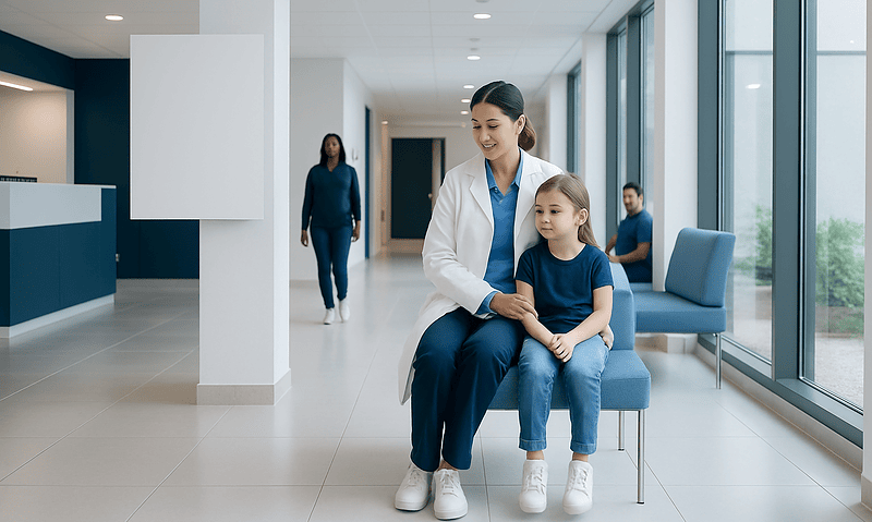 Pediatric dentist with young patient in modern hospital lobby.