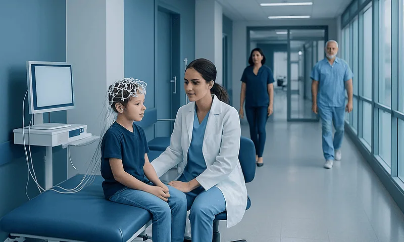 Child undergoing EEG test with medical staff in hospital corridor.