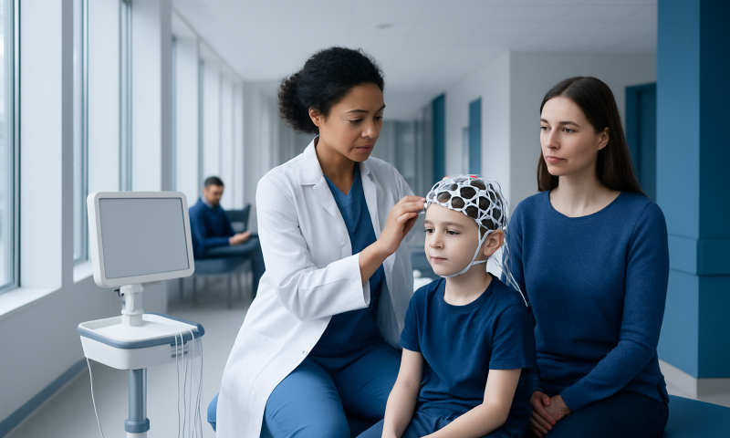 Pediatric EEG: What Parents Can Expect Before, During, and After Testing 8 Child undergoing EEG test with medical staff and parent in hospital.