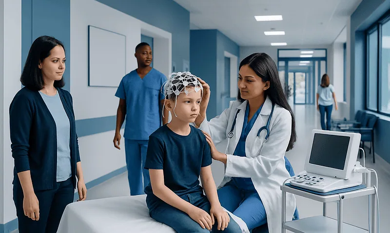 Child undergoing EEG test in a hospital with medical staff and equipment.