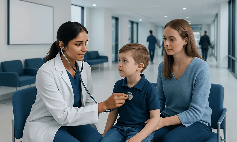 Pediatric consultation with doctor and mother in hospital corridor.