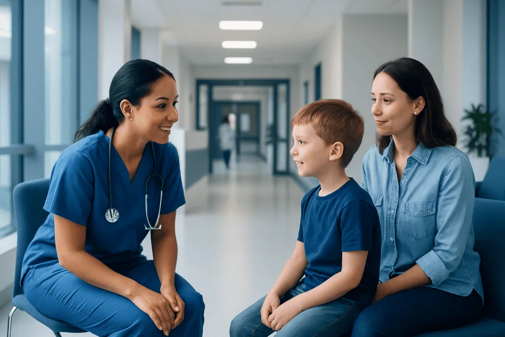 Pediatric Nurse: What They Do and When Your Child May Need One 1 Pediatric nurse talking to a young boy and his mother in hospital corridor.