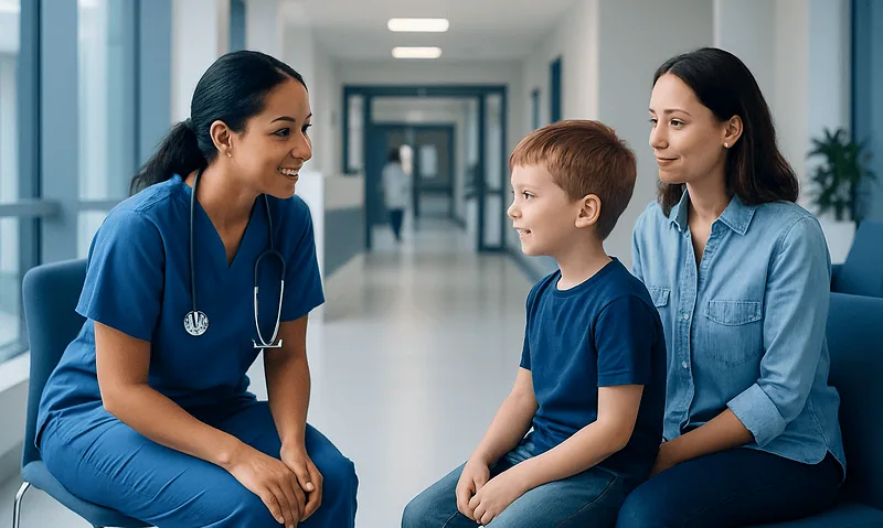 Pediatric nurse talking to a young boy and his mother in hospital corridor.