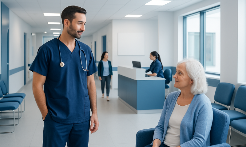 Healthcare professional talking to an elderly patient in a hospital corridor.