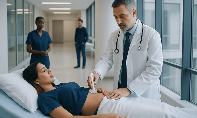 Doctor preparing for renal biopsy procedure in hospital room.