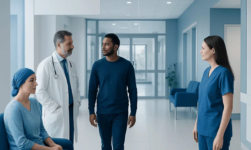 Tumour: Meaning, Types, and Cancer Risk 15 Medical team consulting with patient in hospital corridor.