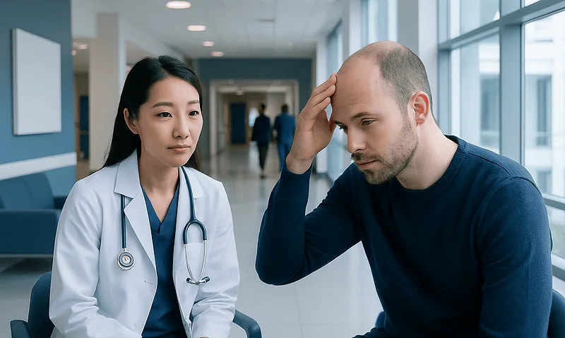 Patient consulting with doctor about hairline correction options at Acibadem Hospital.