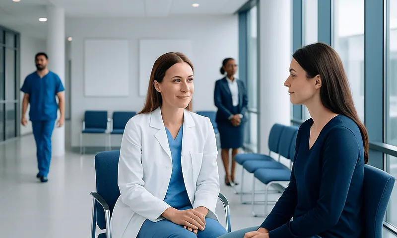 Doctor consulting with patient in modern hospital waiting area.