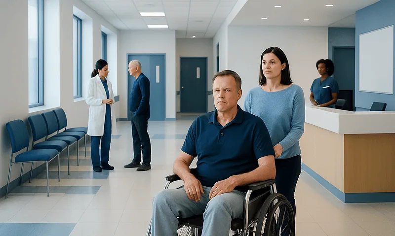 Patient in wheelchair with healthcare staff in hospital corridor.