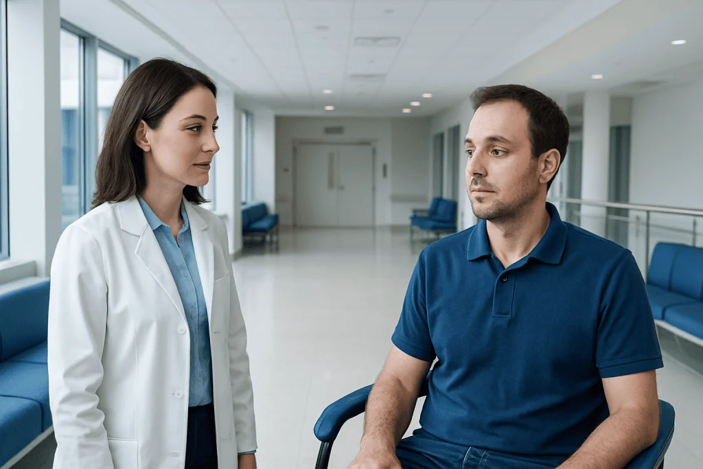 Lazy Eye Treatment in Adults: Can Amblyopia Still Improve? 1 Doctor consulting a male patient in a hospital corridor.