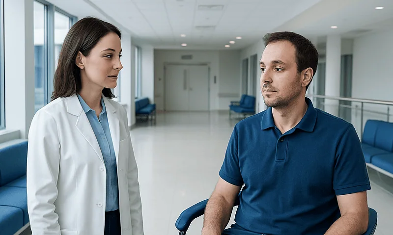Doctor consulting a male patient in a hospital corridor.