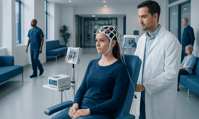 EEG Test: What Brain Wave Monitoring Shows and When It Is Used 12 Patient undergoing EEG brain wave monitoring in a hospital setting.
