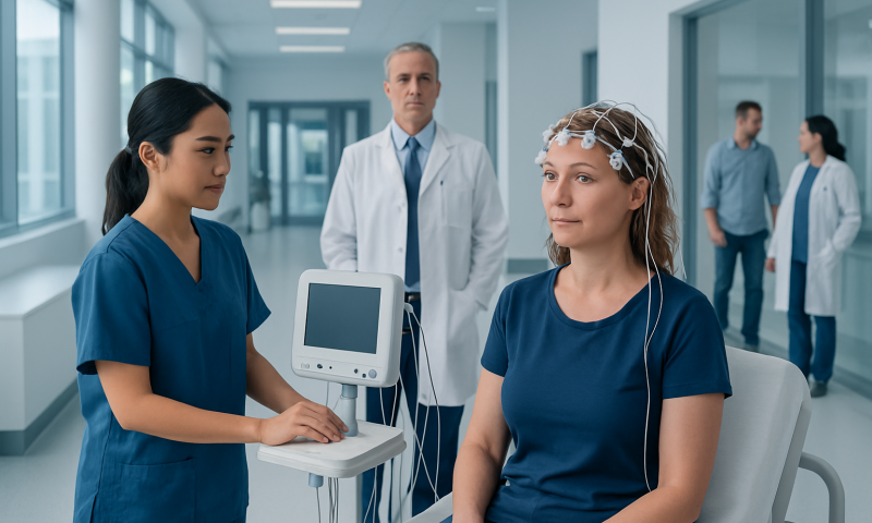 Patient undergoing EEG brain wave monitoring in hospital corridor.
