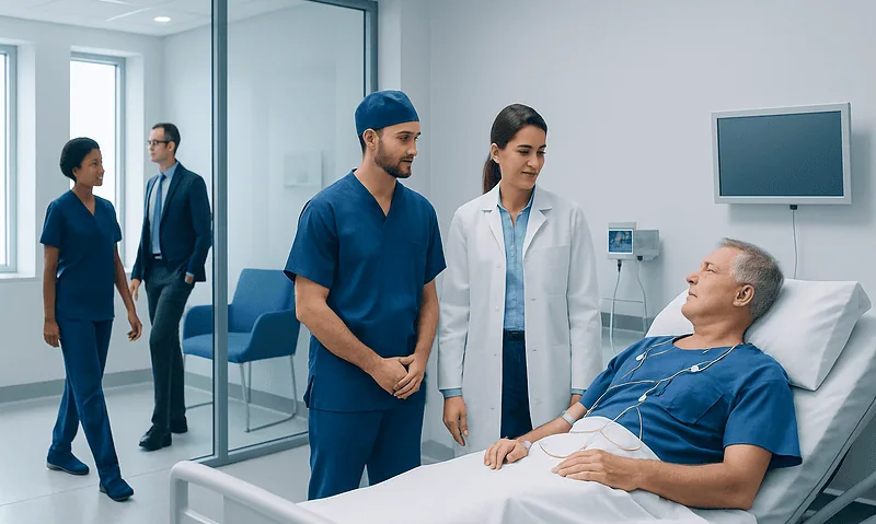 Medical team consulting with patient in hospital room at Acibadem Hospitals.