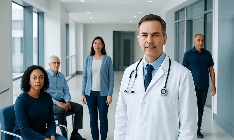 Medical team in hospital corridor with doctor and patients.