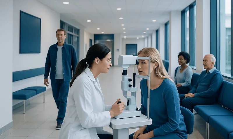 Optometrist performs eye exam on patient at hospital.