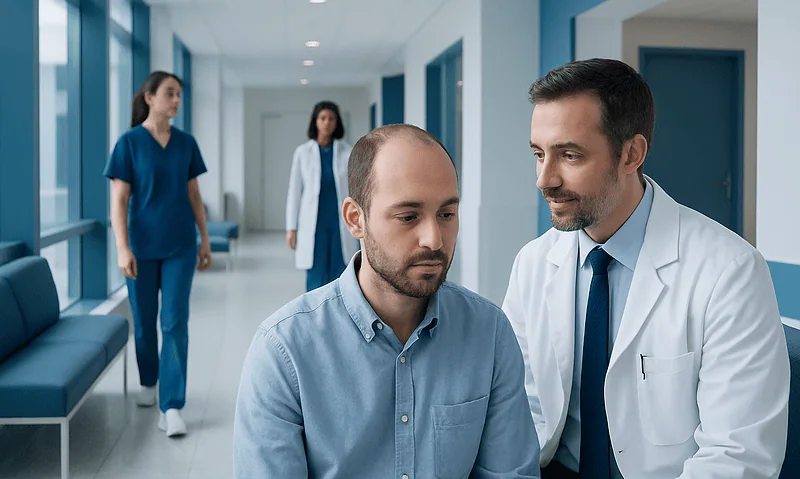 Doctor consulting a patient in a modern hospital corridor.