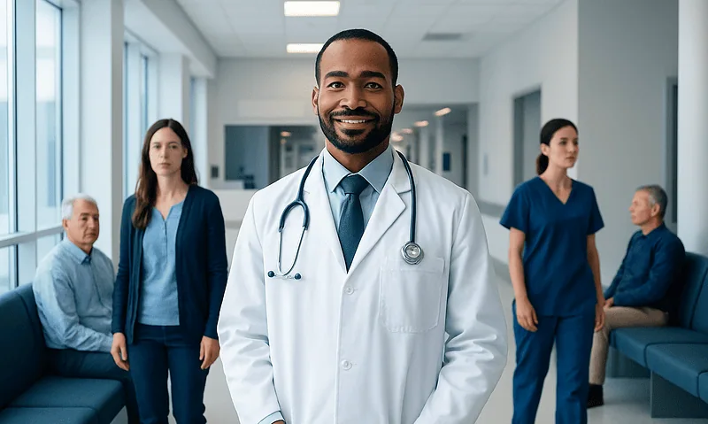 Infectious disease doctor with medical team in hospital corridor.